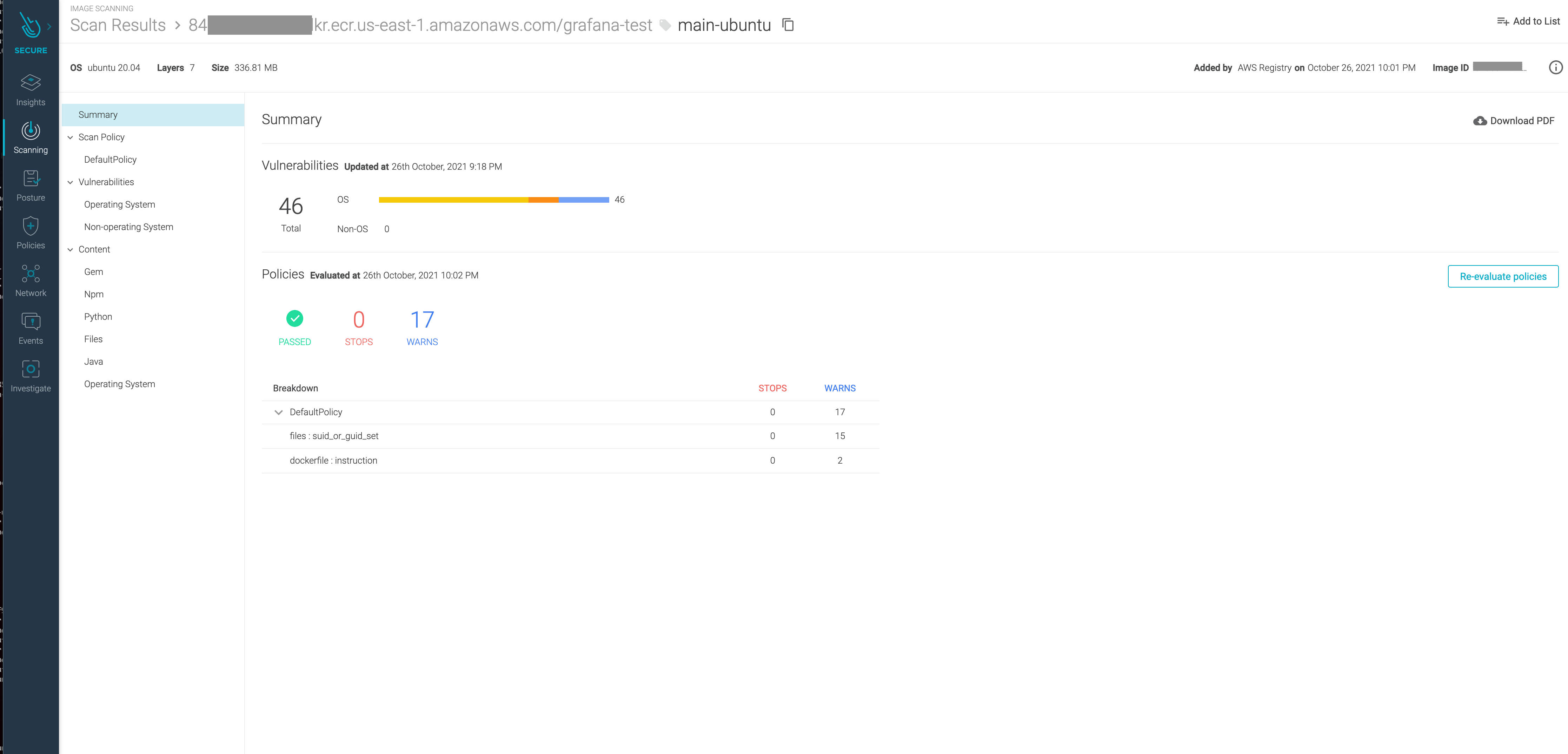 Scan results Sysdig Secure