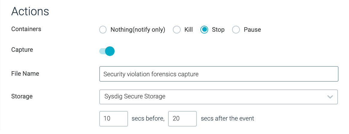 setting up Sysdig Secure actions policy